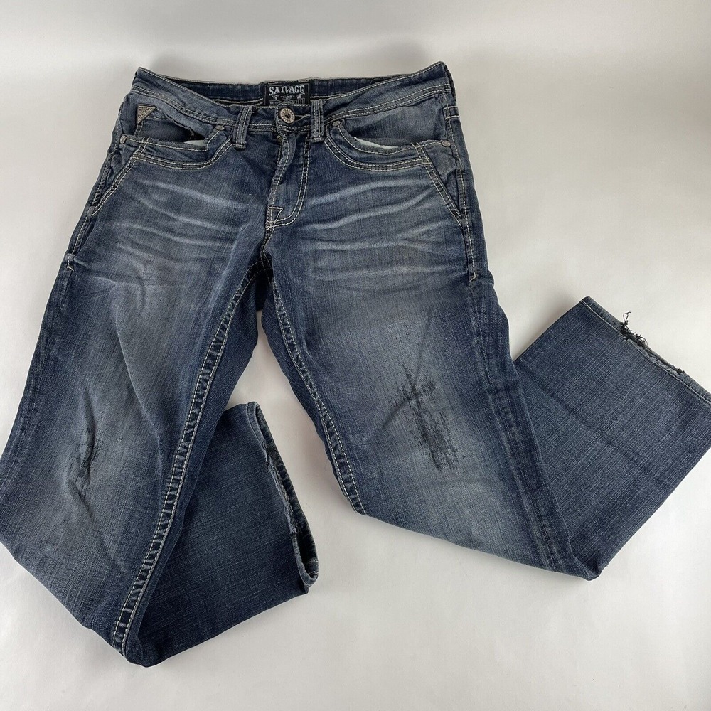 Distressed Salvage Buckle Men's Mayhem Straight Stretch Blue Jeans Size 31R x 28